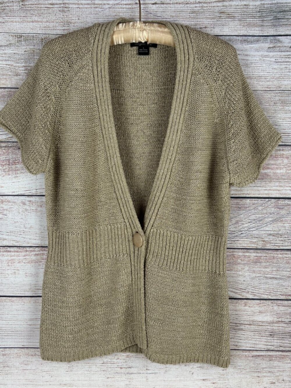 August Silk Cardigan Short Sleeve Knit Beige Women's L